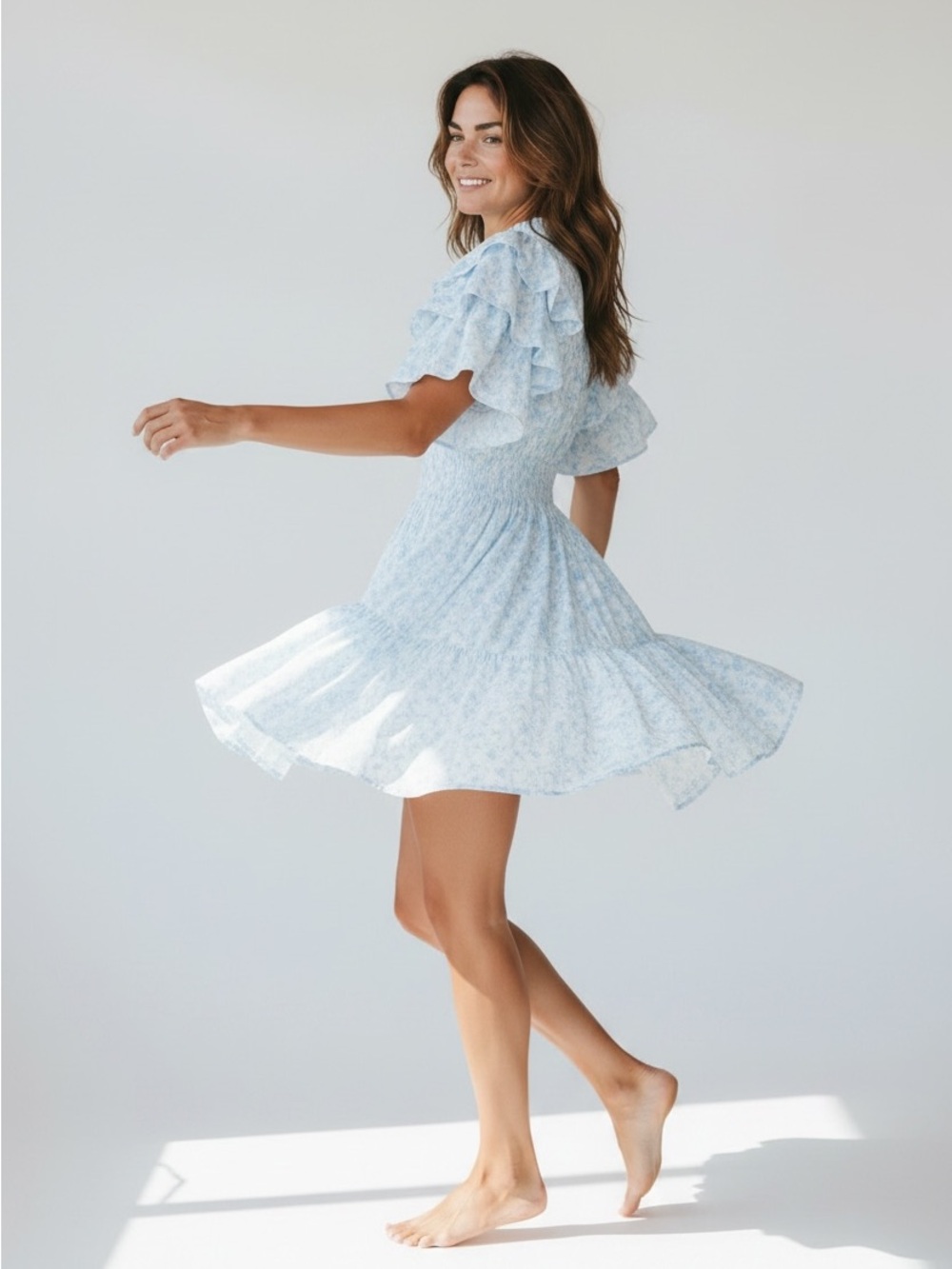 JjsFairyland Pastel Blue Eyelet Lace Tiered Mini Dress, Smocked Waist, Ruffles L